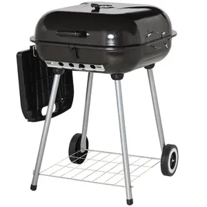 Outsunny Portable Barrel Charcoal Grill - Foldable Side & Bottom Shelves, Wheels, Adjustable Lid Vents, Outdoor BBQ Smoker for Travel, Backyard, Picnic, Black (Charcoal BBQ Grills for Barbecue Use)