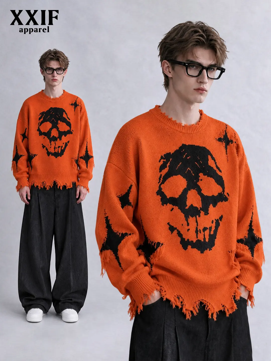 Men’s fall/winter distressed knit pullover sweater with Halloween skeleton jacquard design, long sleeves, retro punk frayed edges, loose crew neck, streetwear style