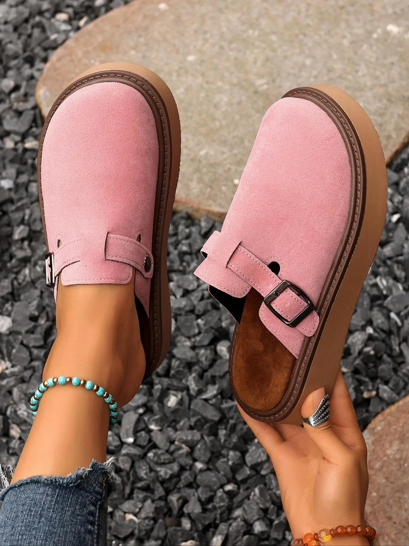 Women's Solid Color Buckle Design Slip on Walking Shoes, Casual Comfortable Non-slip Slip on Shoes for Daily Wear, Female All-match Round Toe Shoes for Daily Wear, Girl, Classic Clog, Casual Fashion Shoes, Slip on Style