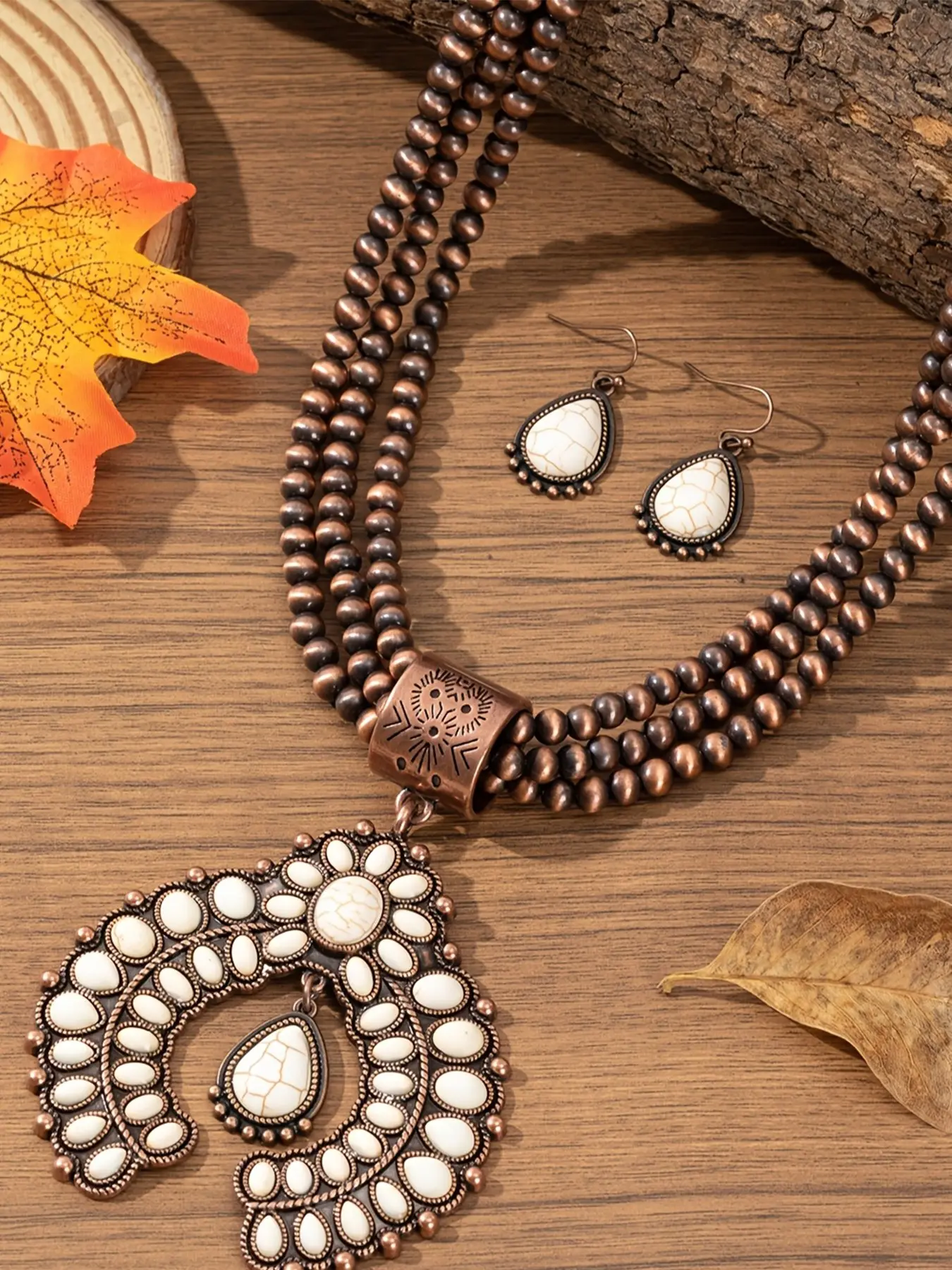 Western Squash Blossom Necklace and Earrings Set - Necklaces Earrings Set - Costume Jewelry Set - Vintage Copper Navajo Pearl Bead Chain with White Stone Naja Pendant - Southwestern Style Jewelry for Cowgirl Fashion Gifts Jewellery Gift Set