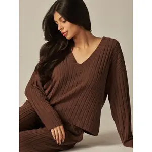2 Piece Set Ribbed Knit Sweater V Neck Loungewear