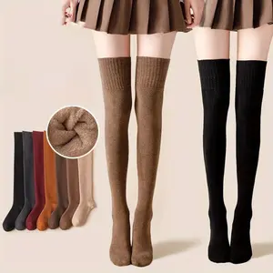 2 Pairs Autumn Winter Thickened Over-the-Knee Socks Women Fleece-Lined Warm Terry Thigh-High Socks Non-Slip Knee Pads Long Tube Socks