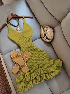 Women’s V Neck Crochet Ruffle Hem Dress, Hollow Out Knitted Slim Fit Breathable Dress, Perfect for Beach Music Festivals & Parties