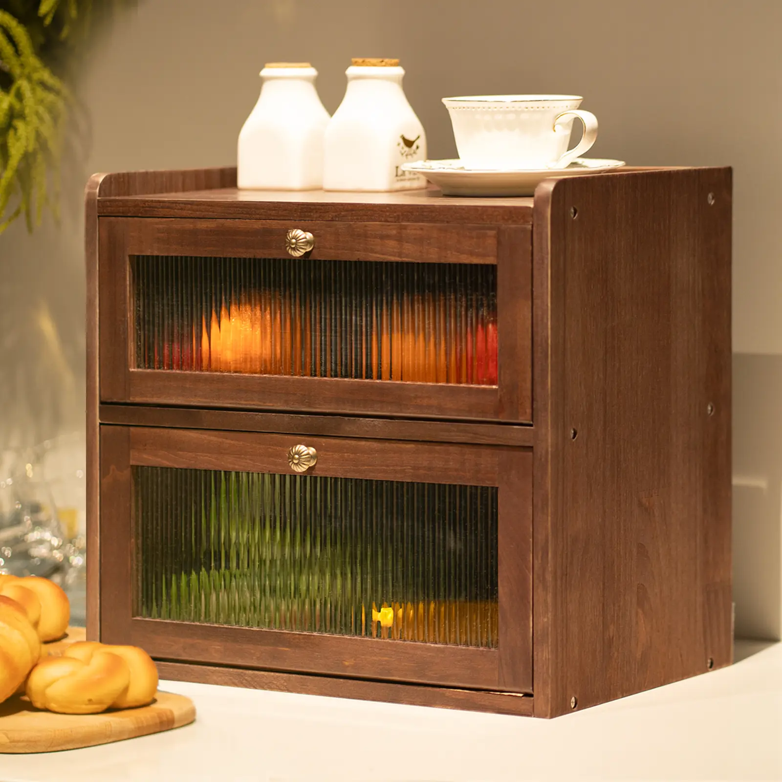 Solid Wood 2-Tier Large Bread Box for Kitchen Countertop - Farmhouse Kitchen Furniture Bread Storage Bin Keeper with 50 Deli Papers, Brown
