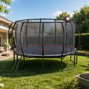 16FT ARCH Outdoor Trampoline for Kids & Adults, Galvanized Steel Frame, Basketball Hoop, Enclosure Net, Ladder, Black+Red, Garden Backyard Use, 192.00W x 192.00D x 108.00H in