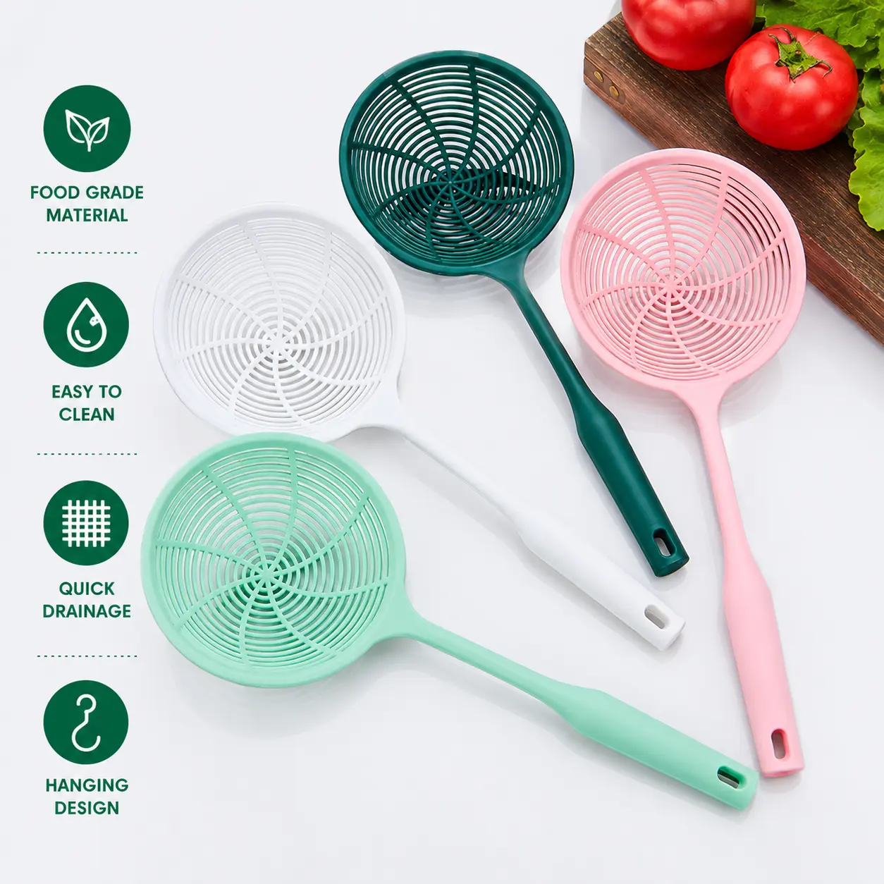 1 Count Plastic Skimmer Strainer, Long Handle with Hanging Hole Hollow Design for Kitchen Vegetable and Food Draining