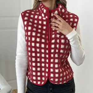 Women��s Fuzzy Checkered Vest, Sleeveless Stand Collar Zip Up Vest Jacket, Winter Warm Outwear, Casual Sleeveless Vest Jacket, Ladies Clothes for Daily Wear
