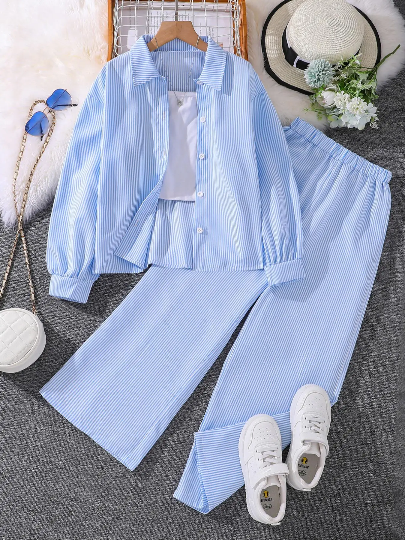 Two-piece Set Girl's Striped Print Button Front Blouse & Wide Leg Pants Set, Elegant Long Sleeve Collared Top & Trousers for Fall & Winter, Kids Cloth