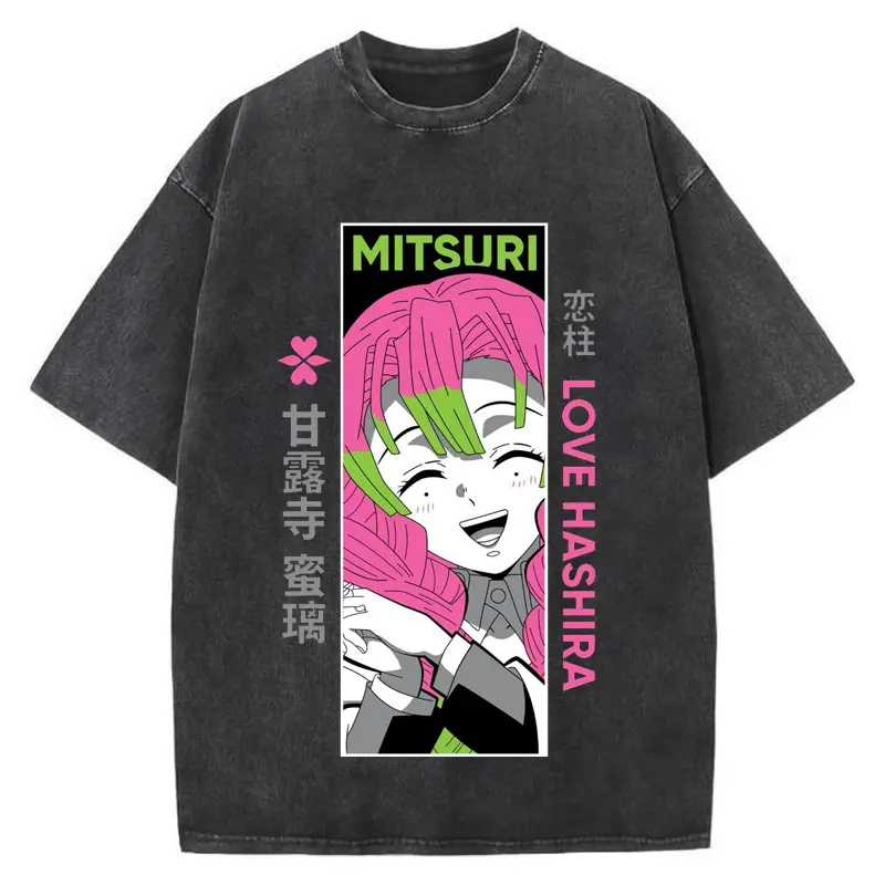 Men's Unisex 100% Cotton Oversized Demon Slayer Mitsuri Kanroji Love Hashira Graphic Tshirt, Vintage Wash Short Sleeve Casual Street Style T-Shirt, Shortsleeve, Menswear, Retro, Round Neck, Acid Wash, Oversize Cut