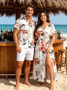 Couples Clothing Set, 2026 Vacation Casual Bohemian Outfits - Lady's Fitted High Waist Floral Watercolor Flower Leaf Print Short Slit Midi Dress, Men's Comfortable Fabric Button-Up Top tiktokshopspringglowup