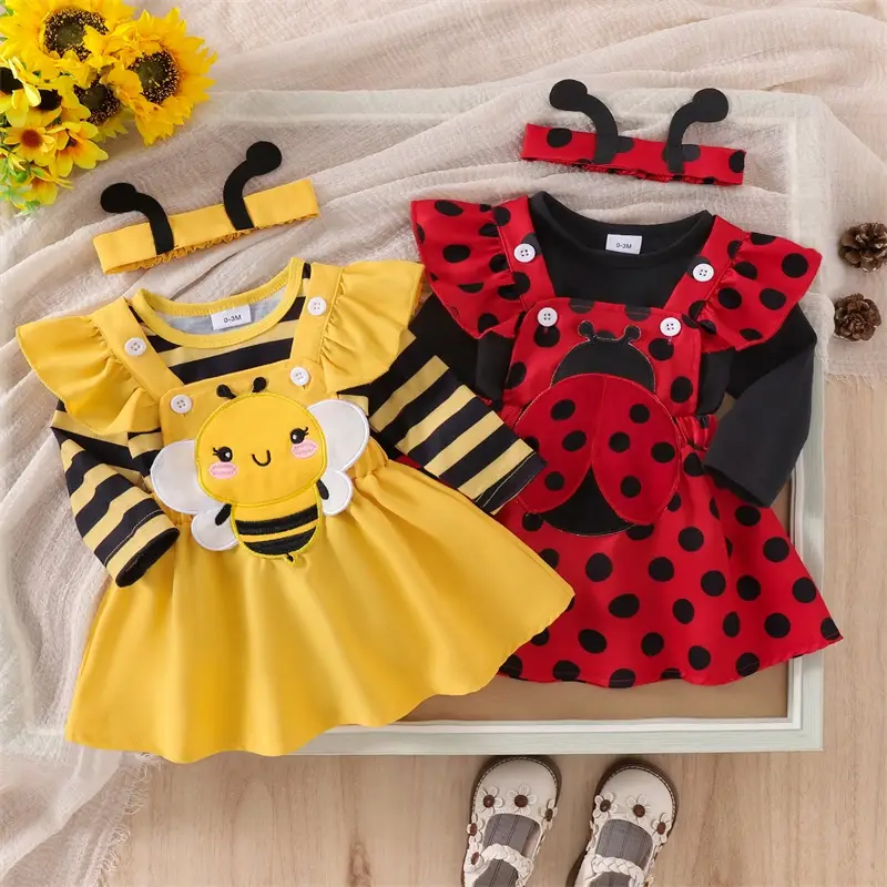 Baby Girls Skirt Sets For Newborn Girl Flying Sleeve Romper Bee/Beetle Embroidery Suspender Dress Headband Set