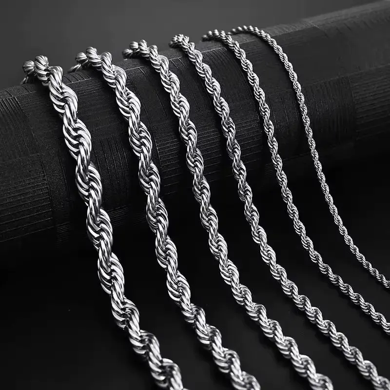 24-inch silver twisted rope necklace, hip-hop style men’s necklace.