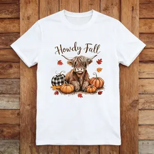 Thanksgiving Graphic Women T Shirt Howdy Fall Highland Cow Happy Thanksgiving Autumn Vibes Fall T-Shirt