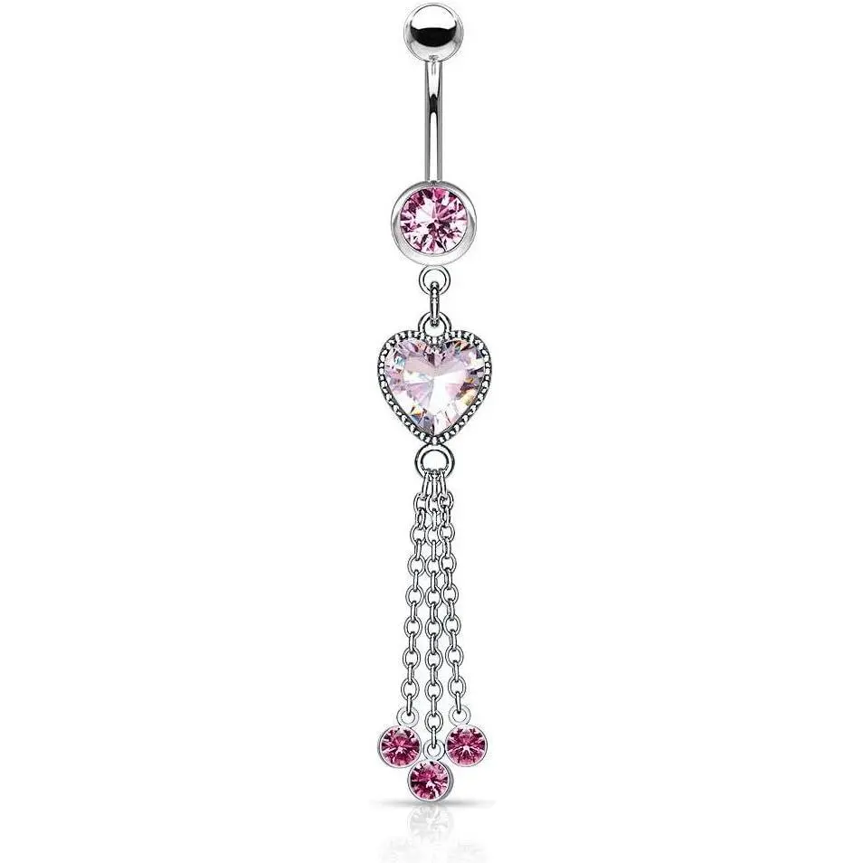 Surgical Steel Dangle Belly Button Ring - CZ Heart with Chains