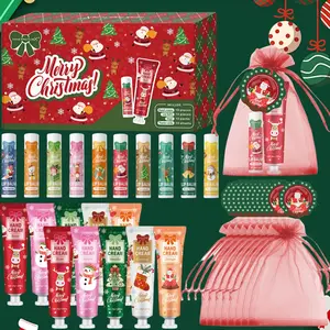 Christmas Gift Set, Beautiful Gift Box, Hand Cream & Lip Balm Kit with Santa Card & Bag, Party Favors, Women's Christmas Present, 10 Sets Per Box