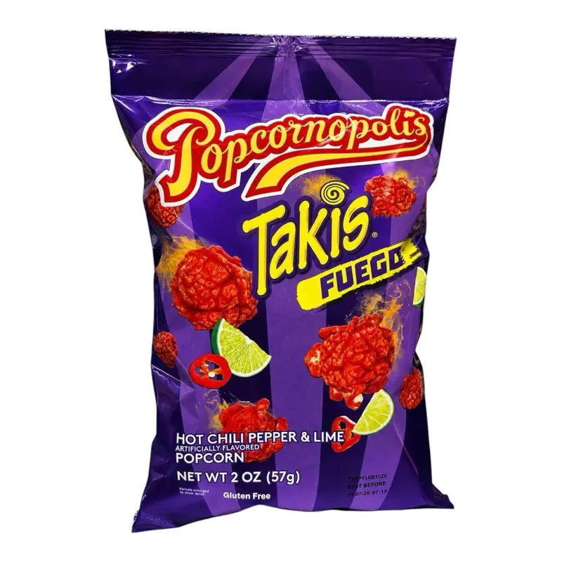 Popcornopolis Fuego Takis, 2 oz Bag , Hot Chili Pepper & Lime Flavored Extreme Savory Popcorn - Pack of 1