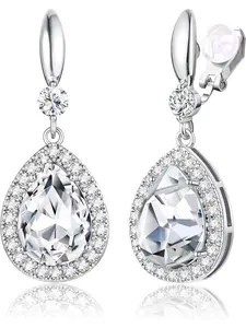 Elegant Clip on Earrings for Women High Quality Earrings Sparkling Teardrop Dangle Clip Earrings Non-Pierced Rhinestone Cubic Zirconia Wedding Prom Jewelry 14K Gold and Silver Tone