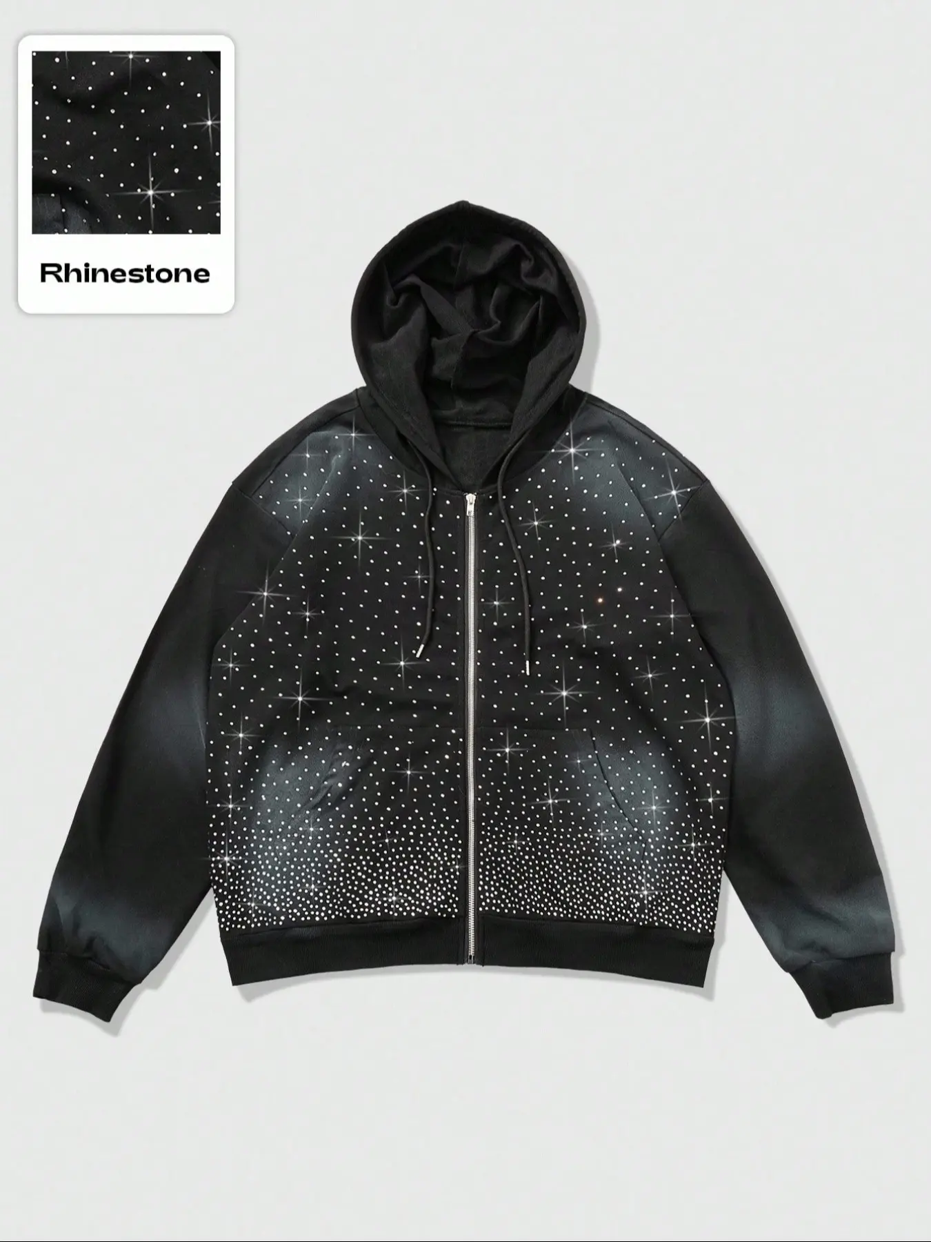 Men's Hooded Zipper Sweatshirt with Rhinestone Design, Casual Fashion Outerwear for Fall & Winter, Graphic Hoodies, Casual Streetwear Hoodie, Unisex Fitted Knit Jacket, Graphic Print Hoodie