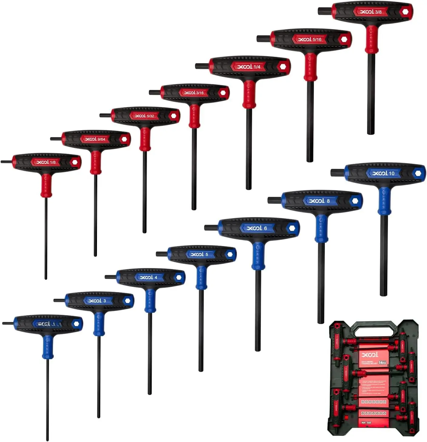 14 count T Handle Allen Wrench Set, Metric & SAE Hex Key Set, Long Arm Hex Key Wrench Set with Portable Organizer