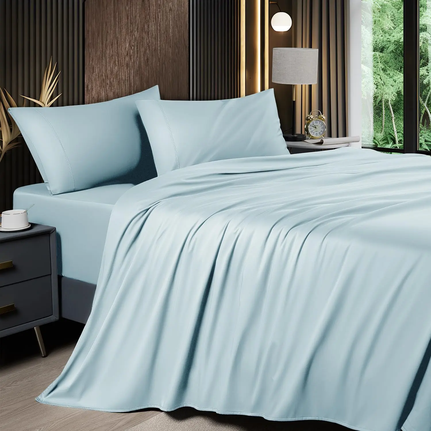 Bamboo Sheets Set 4/6 Pieces, Cooling & Breathable Bed Sheets, Silky Bedding Sheets & Pillowcases, 16 Inch Deep Pockets, Machine Washable, Suitable for Bedroom & Apartment Cool in Summer Cozy in Winter Christmas Gift Idea