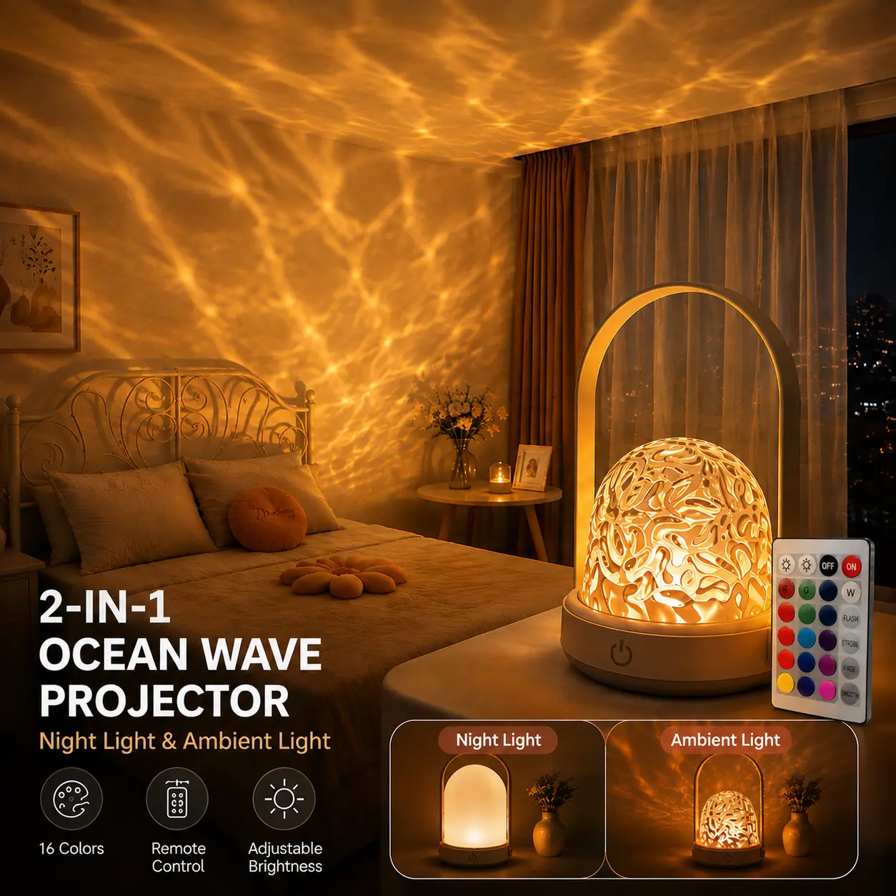 Ocean Wave Projector Light, Multicolor Rotating Water Ripple Mood Lamp with Remote Control, USB Rechargeable Ambient Night Light with Removable Shade bedroom decor