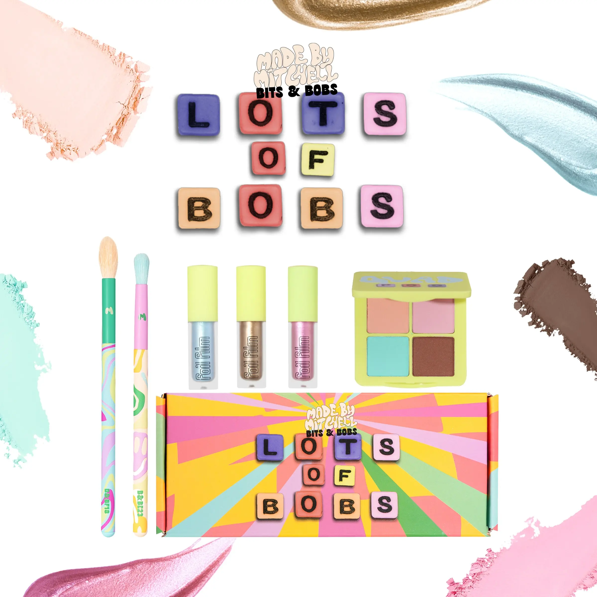 [Made by Mitchell] Bits & Bobs Cosmetic Collection – Lot of Bobs Eye Makeup Bundle | Quad Pod Palette, Foil Films & Brushes