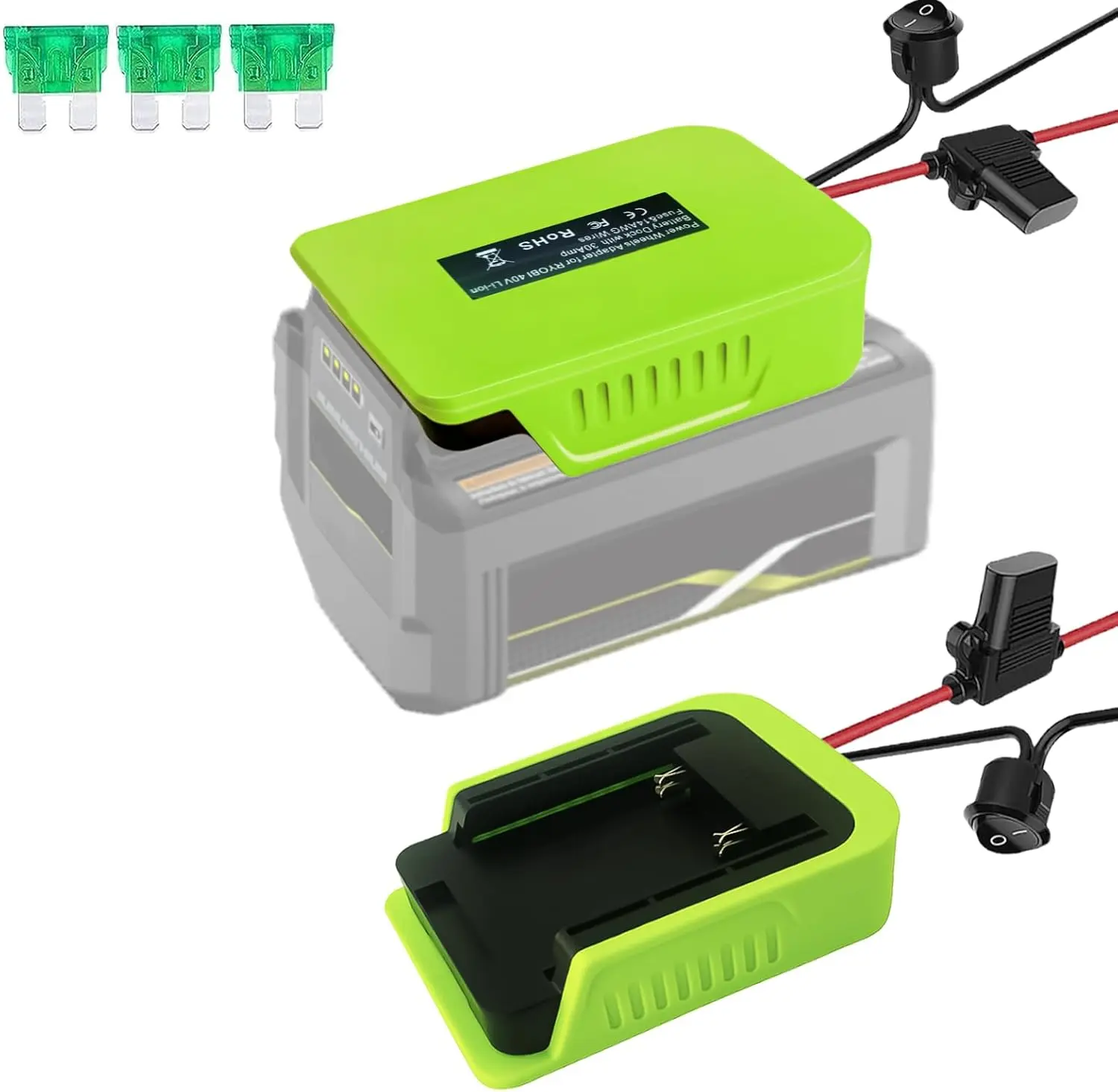 TPDL High Power Ryobi 40V Lithium-ion Battery DIY Adapter, 8-in 14-Gauge Copper Wires Dock Connector Power Tool Converter with 3 30Amp Fuses, Fuse Holder, Switch, Wiring Terminals, 5-120W, 5V-150V for Robotics (OP40404 Compatible)
