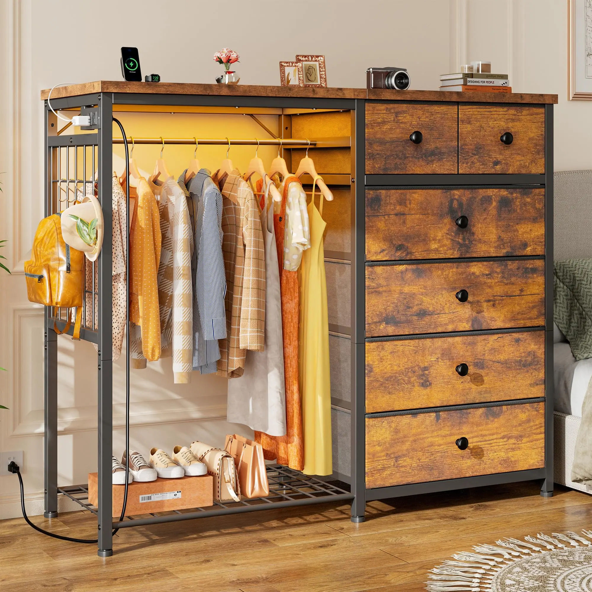 RaybeeFurniture 49.2" 6-Drawer Dresser with LED Lights & Charging Station, Modern Wooden Top & Grid Panel, Hanging Rack for Closet, Bedroom & Living Room Storage