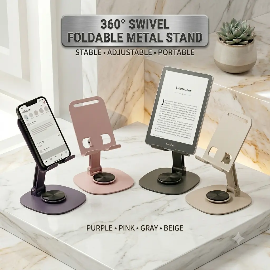 Metal Phone Stand for Desk, 360° Swivel Foldable Phone Holder, Adjustable Height & Angle Cell Phone Stand for iPhone iPad Smartphones, Stable All-Metal Desktop Stand for Work Study Streaming