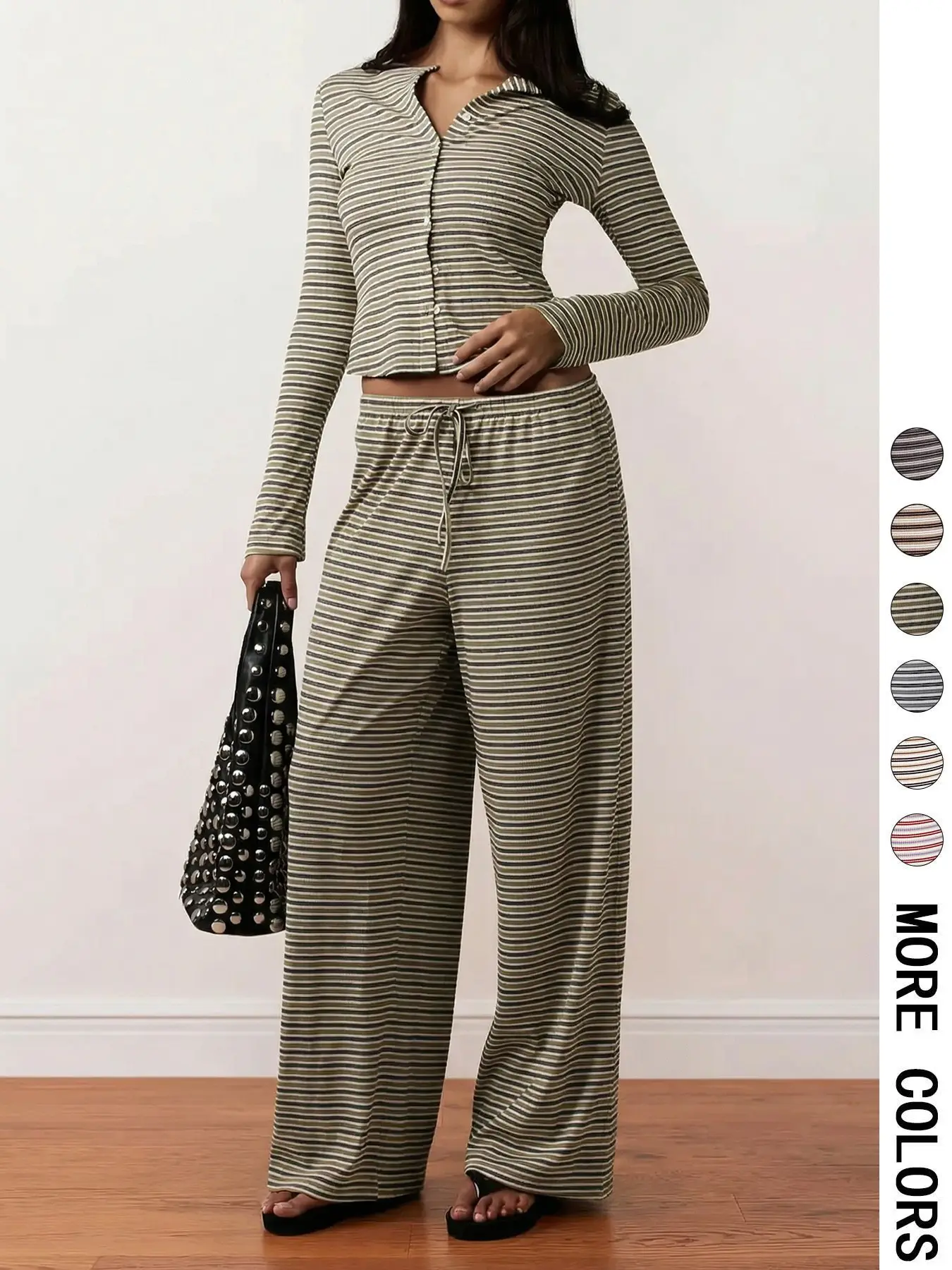 Women's Loose-Fit Knitted Buttoned Ribbed Long Sleeve Top & Striped Wide-Leg Pants Set, Casual Cozy Lounge Set, Two Pieces Sets, All-Season Comfortable Casual Womenswear Outfits for Women