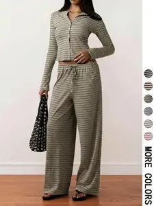 Women's Loose-Fit Knitted Buttoned Ribbed Top & Striped Wide-Leg Pants Set, All-Season Comfortable Casual Outfits for Women