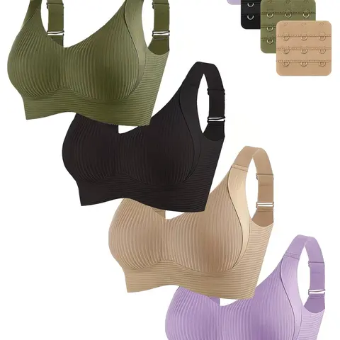 4-Pack Seamless Women's Adjustable Straps Soft Breathable Fabric Sports Bras, Yoga, Lift and Support, Sporty Breathable Bras