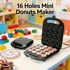 1 household electric breakfast donut machine, 16 hole double-sided heating 1000W non stick multifunctional baking machine, can make snacks, desserts, delicious donuts, suitable for parties, household kitchen baking tools Mini donut machine Pancake Maker