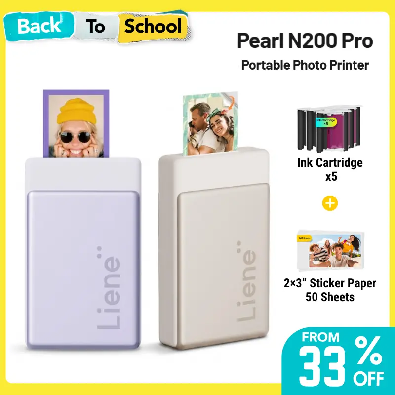 Liene Pearl N200 Pro Portable Photo Printer, Instant Mini Picture Printer for iPhone Smartphone, Thermal Dye Sublimation, Bluetooth Sticker Printer 50 Sheets 2x3 Adhesive Paper & 5 Cartridges, Travel Essentials, Back to School, Home Decor travelessentials
