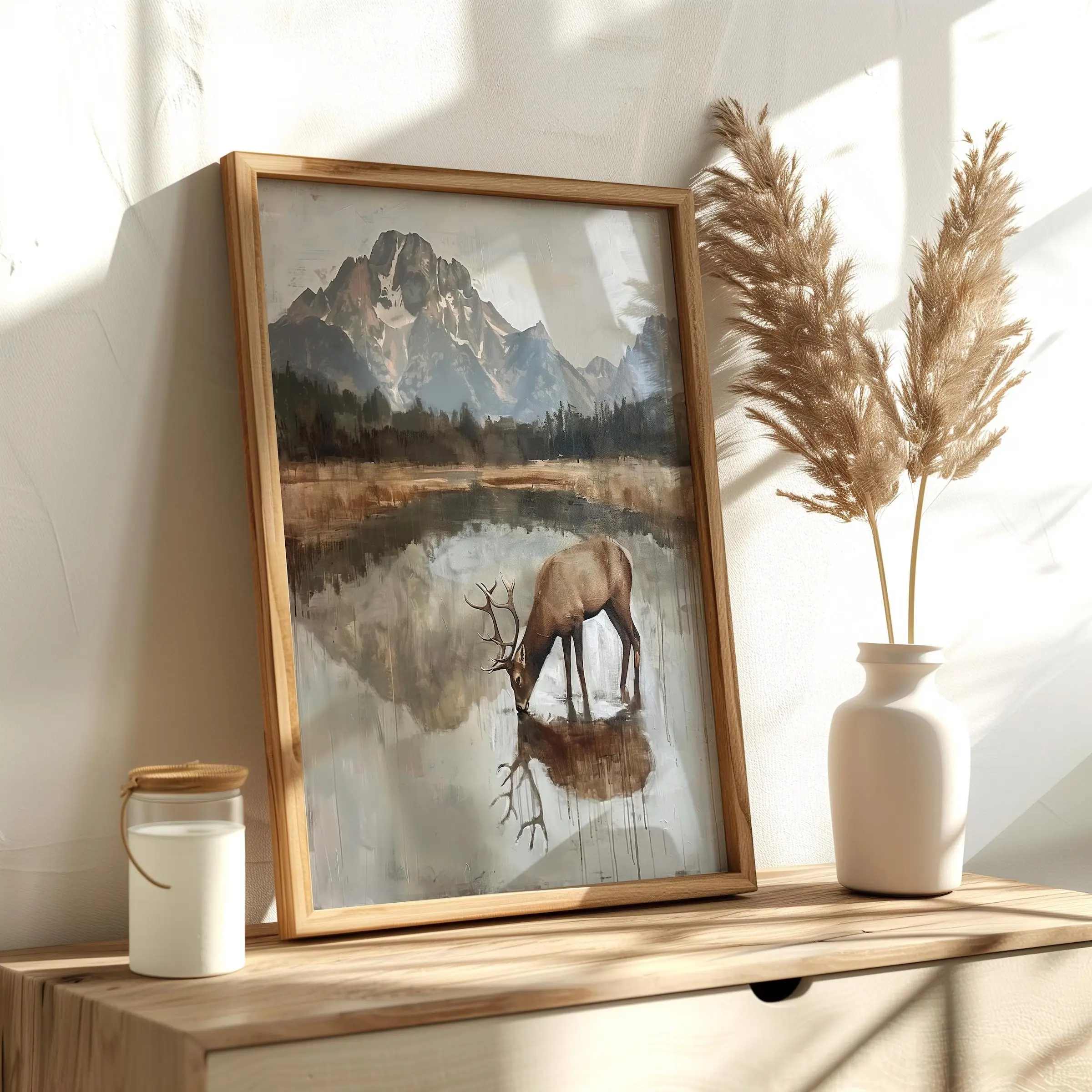 Rustic Deer Oil Poste Unframed , Farmhouse Wall Art, Man Cave Hunting Decor, Vintage Lone Buck Print, Gift for Hunter, Mountain Painting