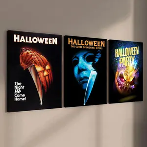 Wooden Framed Canvas Painting, 3 Counts Classic Horror Movie Poster, Halloween Decoration, Horror Wall Art, Halloween Decorative Painting, Home Decoration Poster, Modern Home Decoration