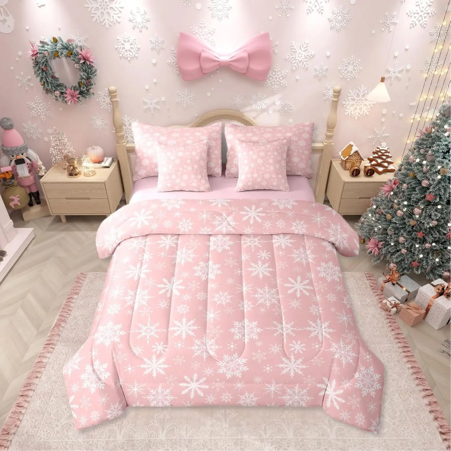 Pink Christmas Bed in a Bag,Comforter Set,7 Piece for Girls Women,Girly Romantic Snowflake Bedding Sets,