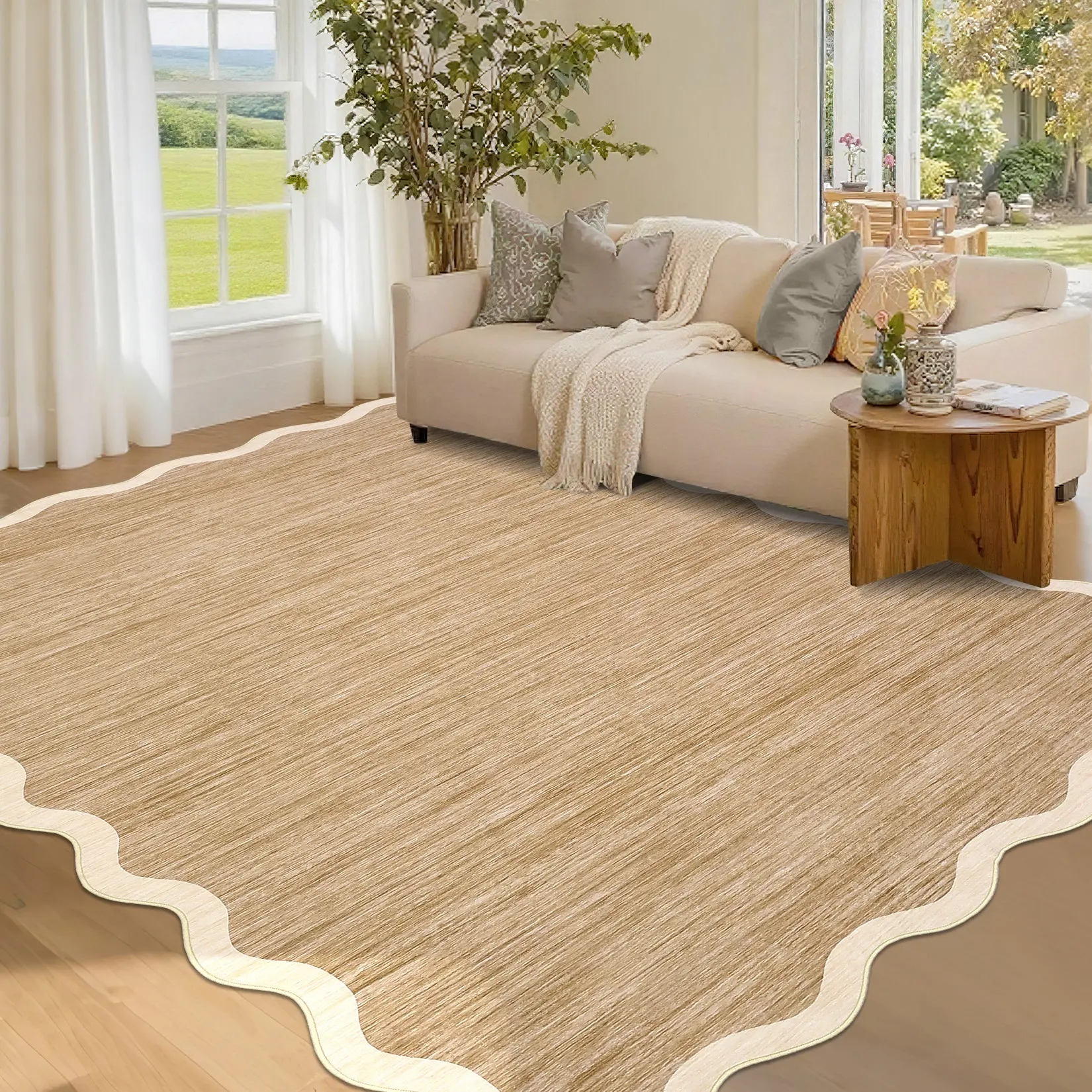 Unisex Modern Minimalist Neutral Solid Color Rug - Fan-shaped Border, Printed Pattern, Soft, Non-slip, Washable, Ultra-thin, Foldable, Wrinkle-resistant, Fade-resistant Kid Room Interior Decorative Rug for Dining Rooms, Bedrooms