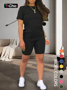 Two-piece Set Women's Fitted Plain Round Neck Tee & Skinny Shorts Set, Summer Clothes Women, Short Sleeve Crew Neck T-shirt & Shorts, Casual Summer Clothes for Outdoor, Cute Summer Outfit