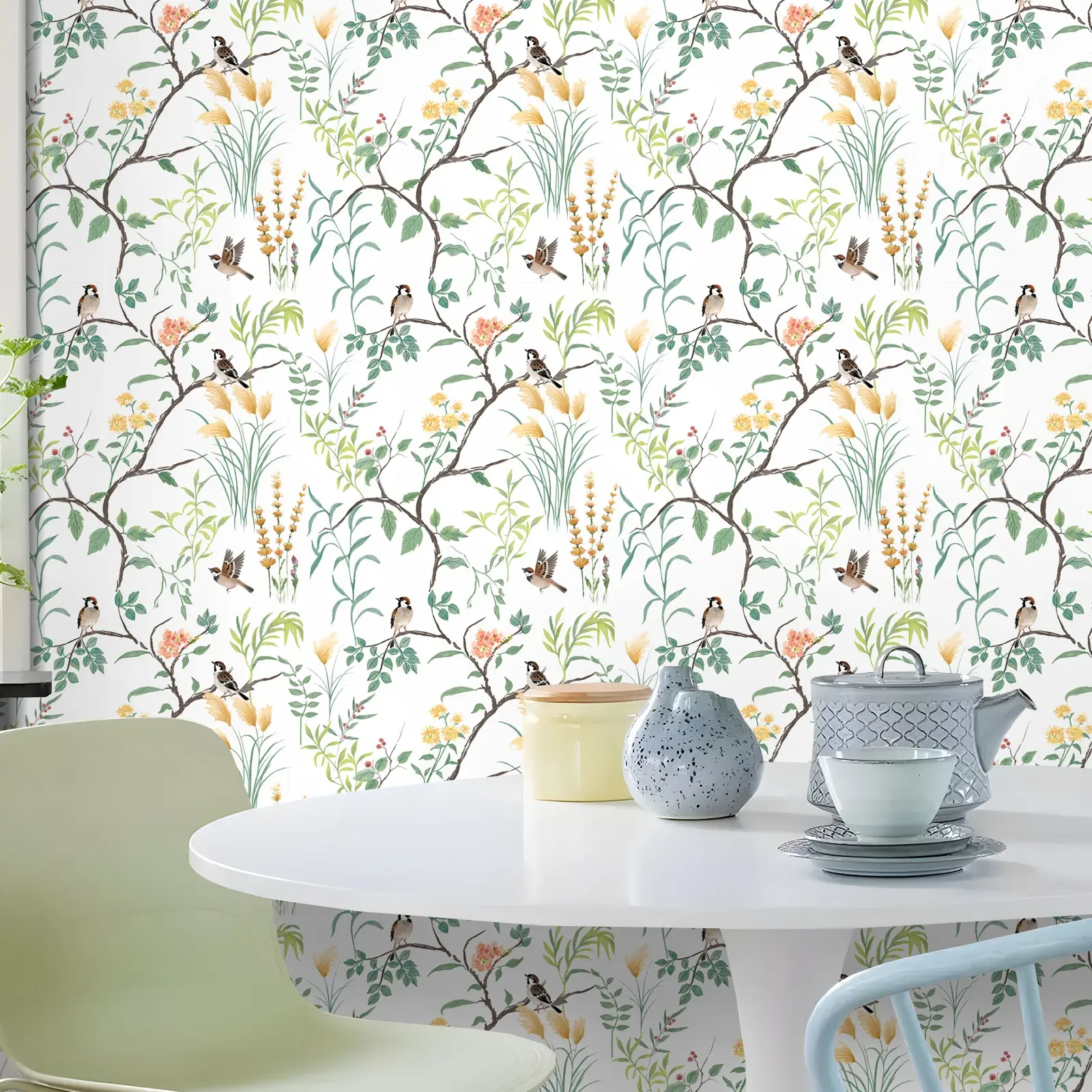 Self-Adhesive Plant Flower Bird Decorative Wall Sticker, Spring Aesthetic Style, Easy Removal No Residue, Removable, Home Decor, Living Room Bedroom Walls