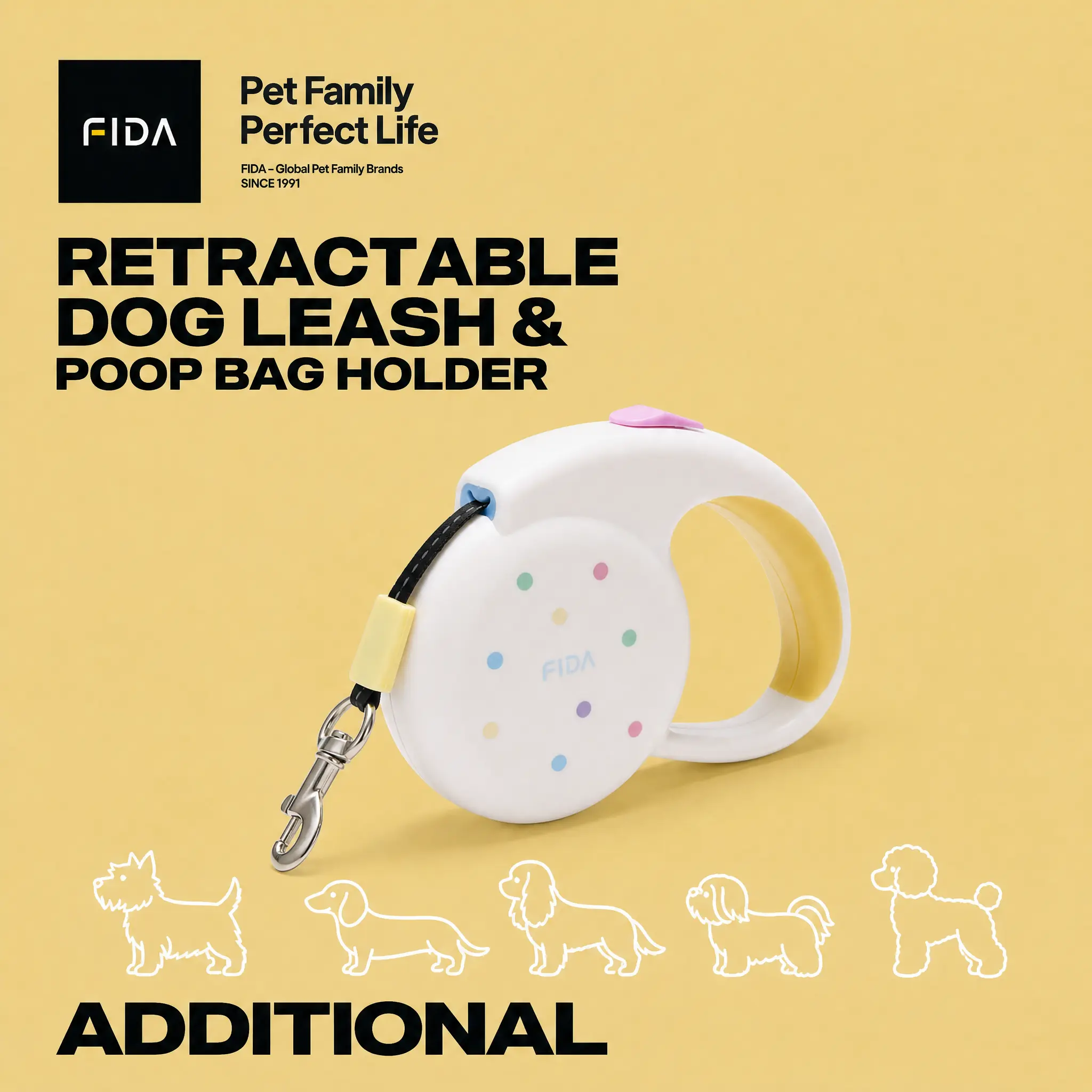 Fida Retractable Dog Leash, 16FT Walking Leash for Small Dogs up to 26 lbs, 360° Tangle Free, White polka dot pattern