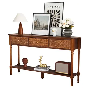 Giratree 55.5" Carved Console Table with 3 Drawers, 2-Tier Sofa Table with Glossy Floral Surface and Solid Wood Legs, Mid-Century Modern Entryway Table for Living Room Hallway