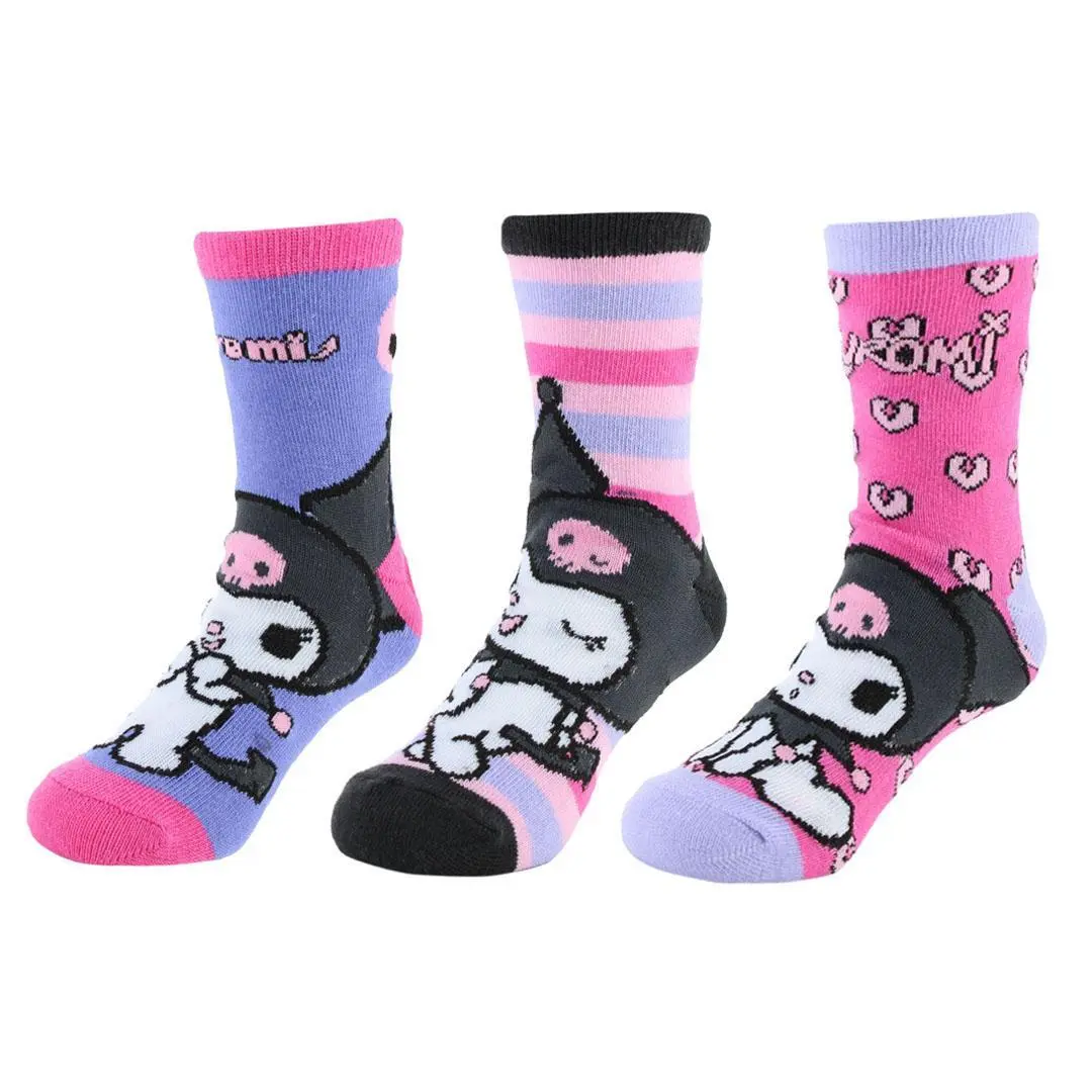 Textiel Trade Girl's 3-Pair Kuromi Novelty Crew Socks, Soft Sanrio Cartoon Animal Face Pack for Child's Casual Daily Play, Sizes Small-Large, Soft Breathable Socks, Casual Daily Socks