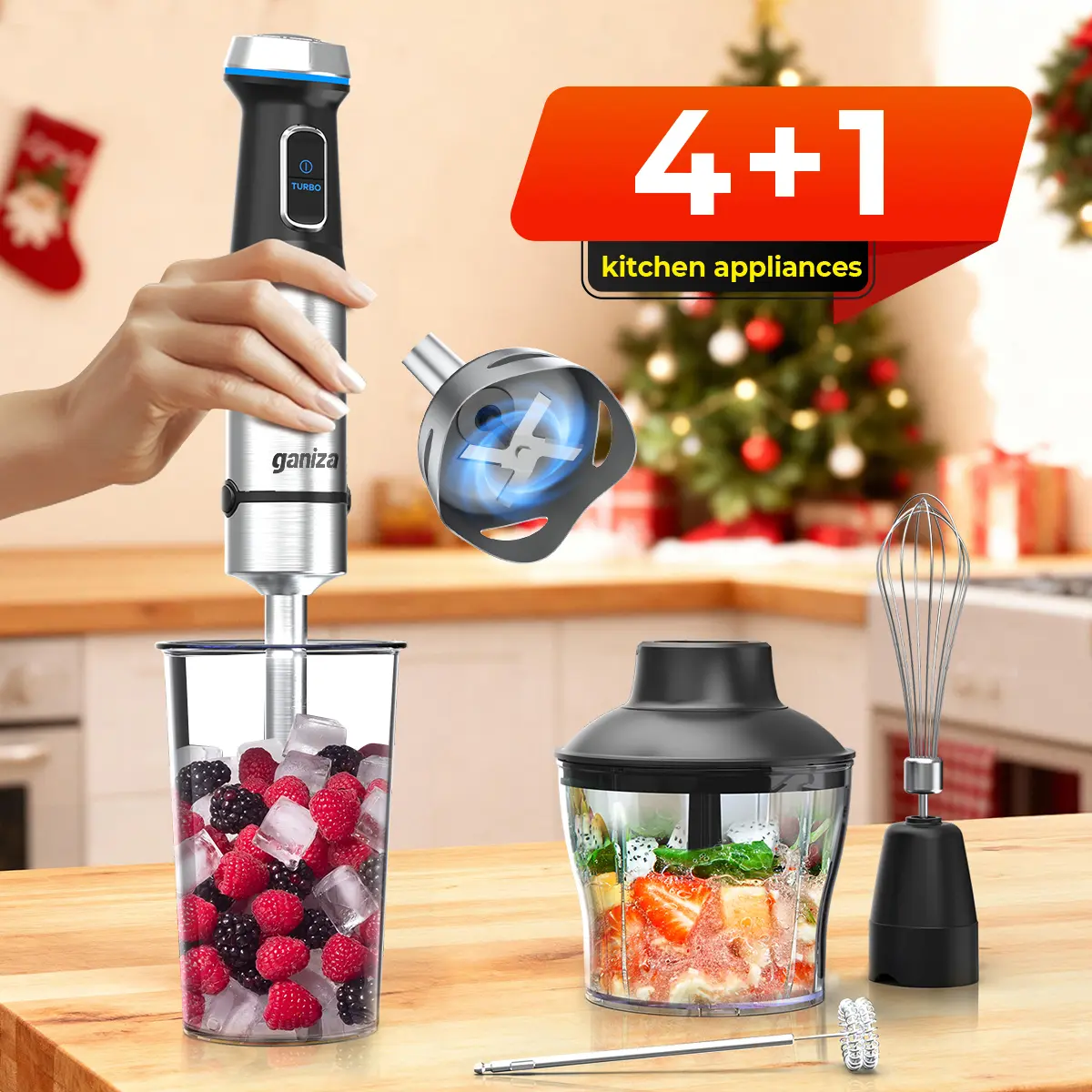 Ganiza Multi-Functional Immersion Hand Blender - 16 Speed Handheld Blender with Stainless Steel Blade, 800ml Mixing Beaker, 600ml Chopper, Whisk, Milk Frother, Multi-Functional Hand Blenders