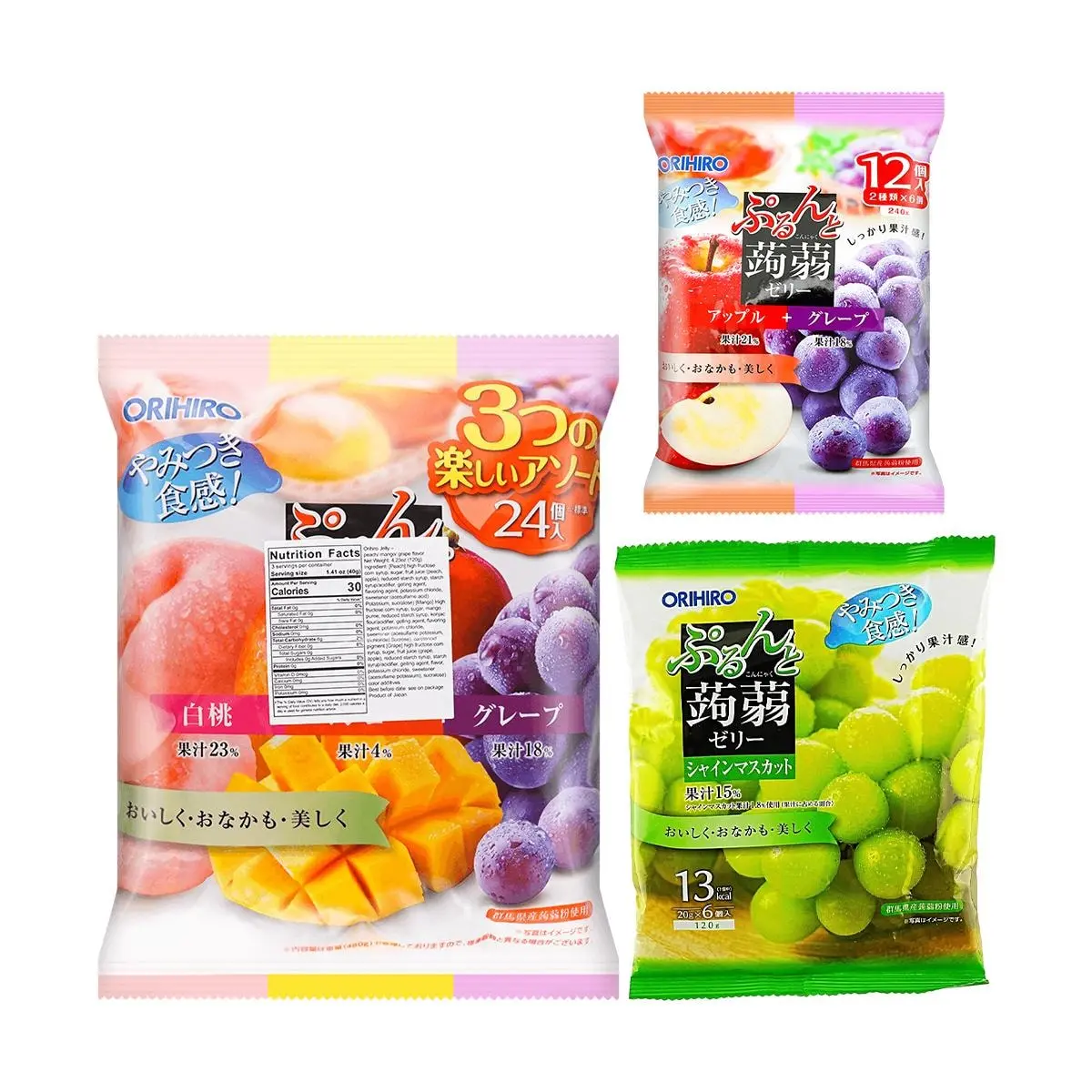 ORIHIRO Konjac Jelly Assorted Fruit Flavors - Peach, Mango, Grape, Apple, Muscat - 3 Packs (840g) - Low Calorie Healthy Snack