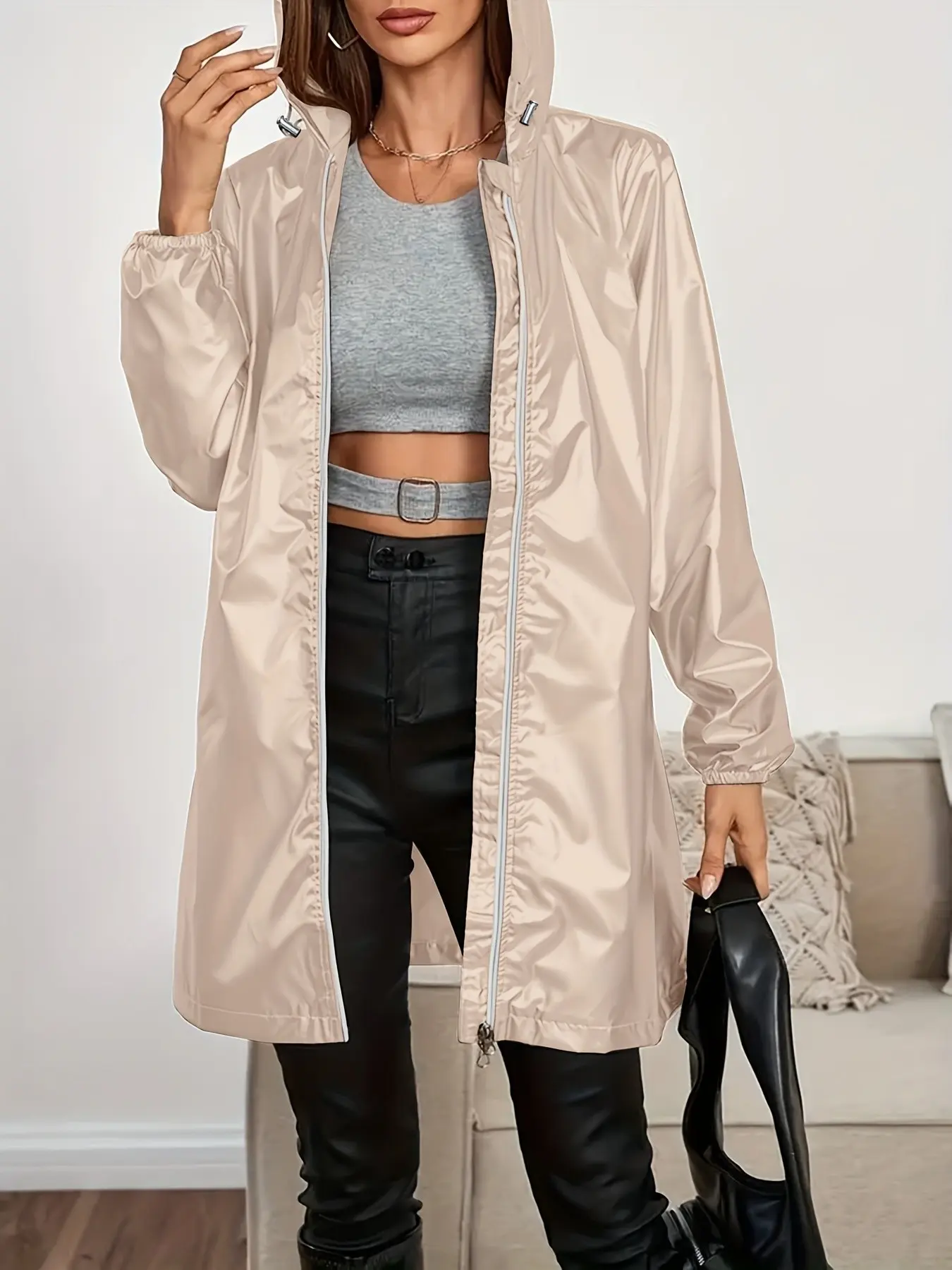 Women's Lightweight Long Sleeve Hooded Raincoat, Waterproof Long Windbreaker Jacket, Casual Solid Zipper Loose Oversized Coat, Outerwear, Ideal for Daily and Outdoor Wear