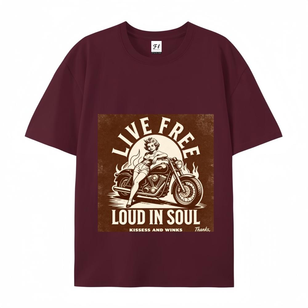 Live Free Loud In Soul Retro Biker Graphic Tee Vintage Motorcycle Pin Up Print Casual Streetwear For Men