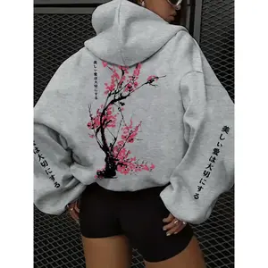 Women's Casual Fitted Lightweight Floral Hooded Fleece Sweatshirt, Plum Branch Print, Valentine's Day Unisex, Couple Matching, Fashion Streetwear