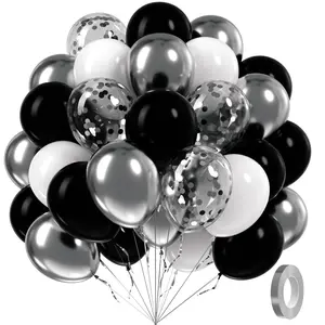 60 Black And Silver Balloons, 12 Inches, Balloon Set, Black And White Balloons With Metallic Silver Sequins, Suitable For Baby Showers, Weddings, Birthdays, Graduation Party Decorations.