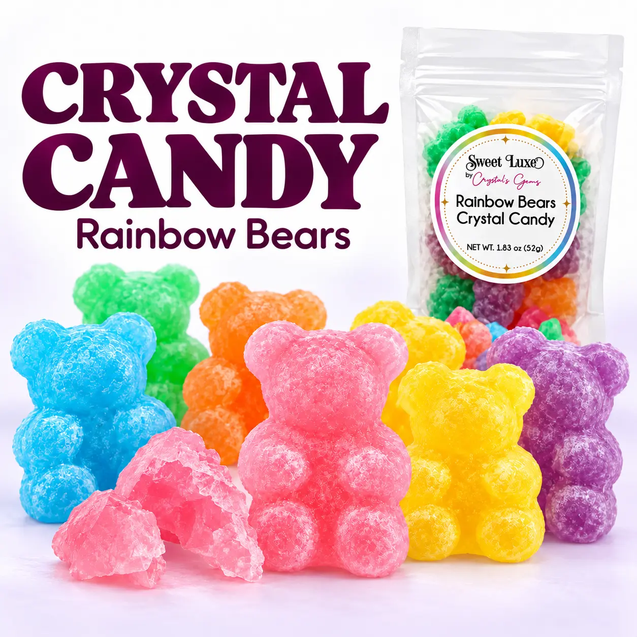 Sweet Luxe By Crystal's Gems Rainbow Bears Shaped Crystal Candy 1.83oz Green Apple, Blue Raspberry, Lychee, Mango, Grape & Lemon